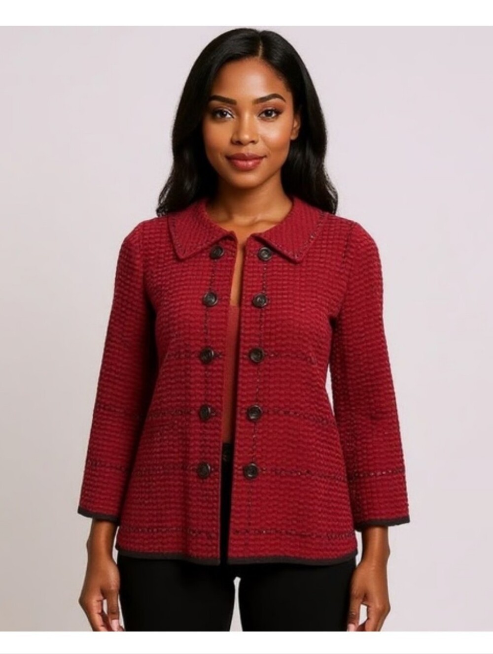 Ming Wang Open Front Knit Blazer In Red And Black, Size L